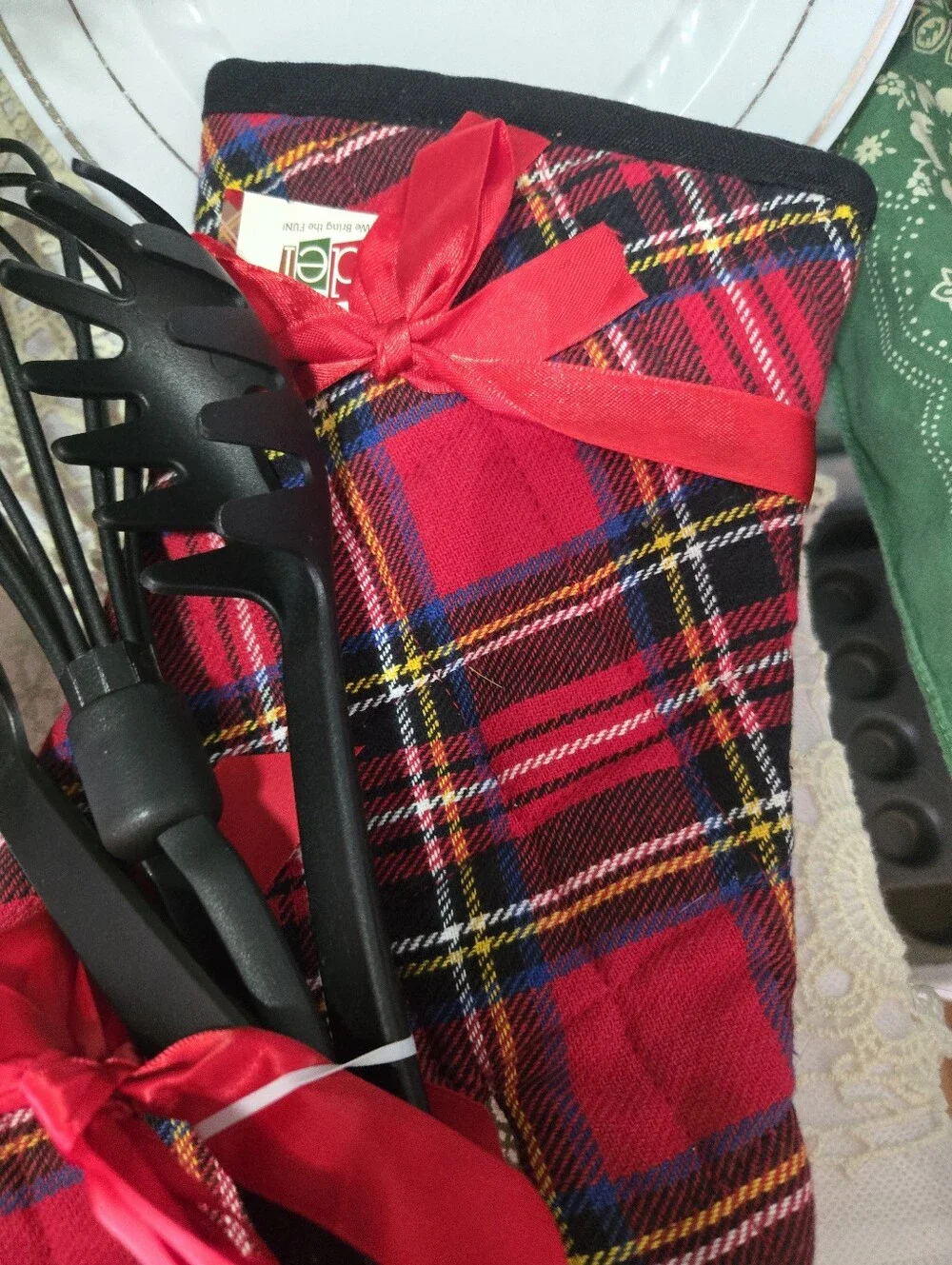 4/$15 Novelty Black Kitchen Utensil Set & Red Plaid Pot Holder | Retro Kitsch
